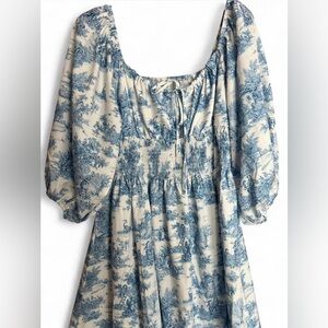 Blue Toile Floral Maxi Puff Sleeve Dress